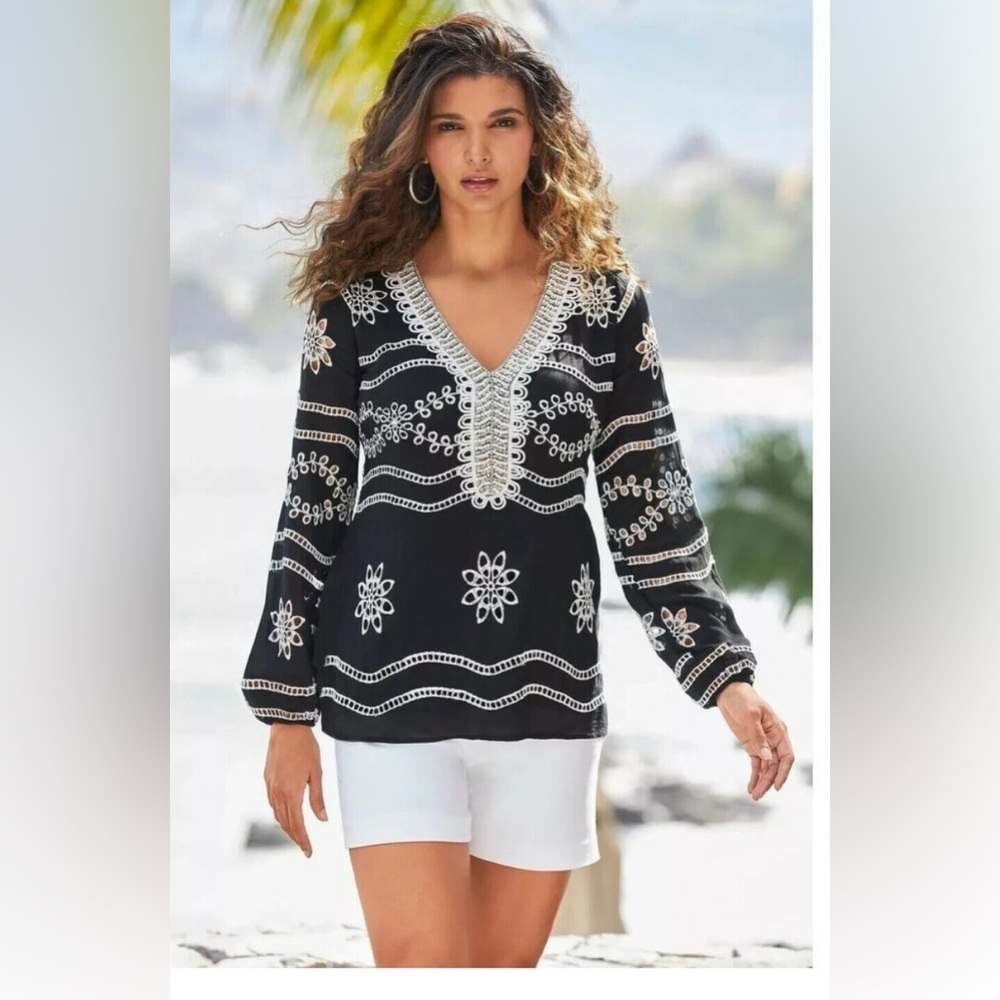 Boston Proper Boho Tunic EYELET EMBELLISHED TOP Embroidered XL Black White‎